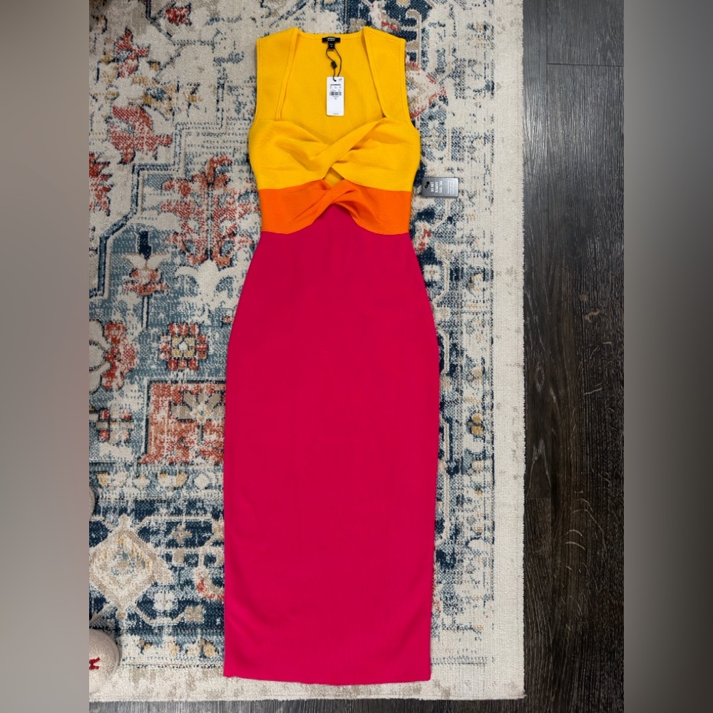 Express Yellow, Orange, and Pink Midi Dress